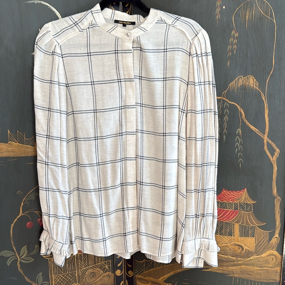 KOBI HALPERIN Windowpane Plaid Wool Blend Button Up Blouse Beige/Black size L